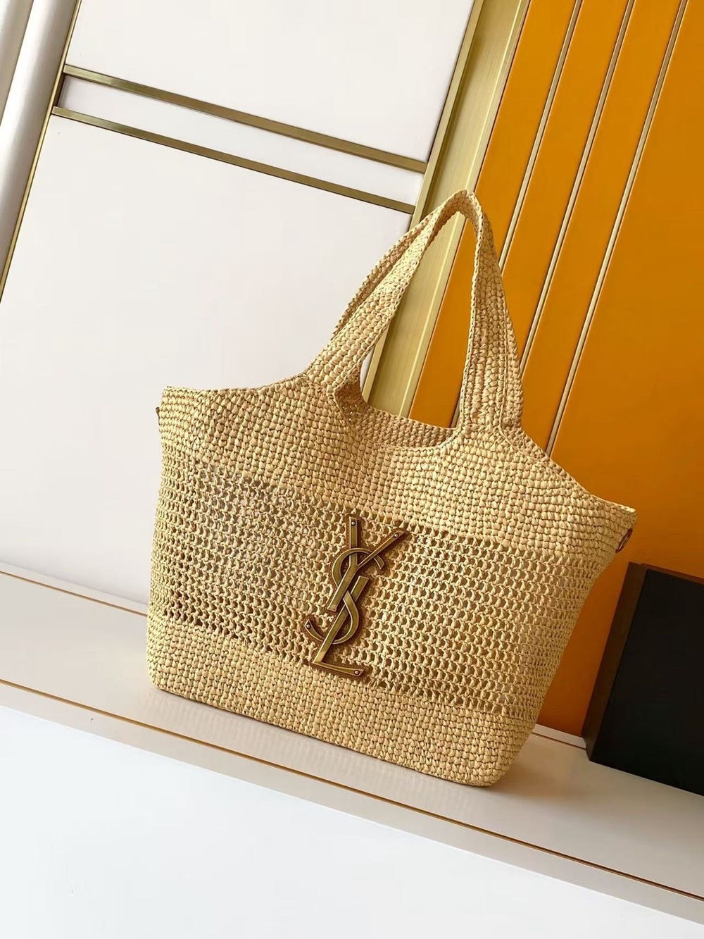 Saint Laurent Natural Woven Tote with Gold YSL Logo